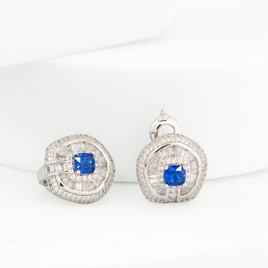 Exquisite Silver-Toned Blue Sapphire Earrings with Diamond Halo and Baguette Detailing | Luxury Statement Jewelry for Weddings, Parties, and Special Celebrations