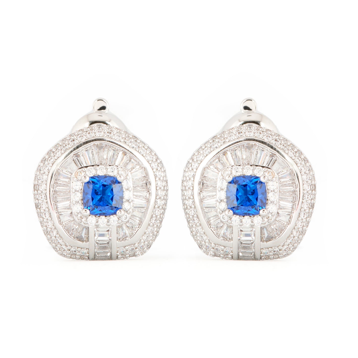 Exquisite Silver-Toned Blue Sapphire Earrings with Diamond Halo and Baguette Detailing | Luxury Statement Jewelry for Weddings, Parties, and Special Celebrations