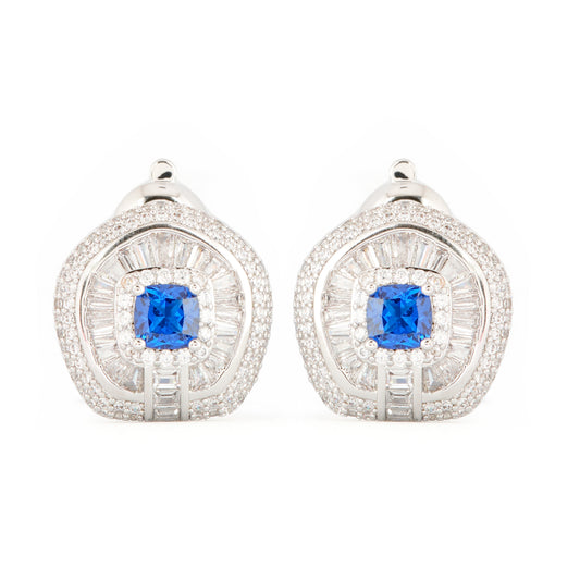 Exquisite Silver-Toned Blue Sapphire Earrings with Diamond Halo and Baguette Detailing | Luxury Statement Jewelry for Weddings, Parties, and Special Celebrations