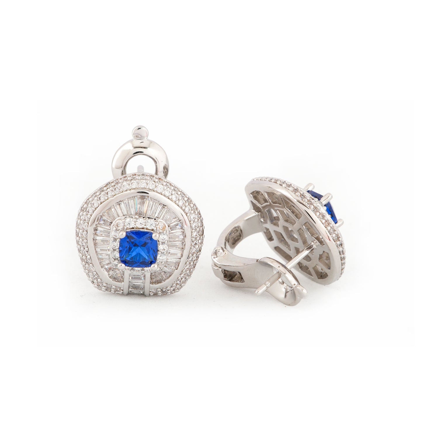 Exquisite Silver-Toned Blue Sapphire Earrings with Diamond Halo and Baguette Detailing | Luxury Statement Jewelry for Weddings, Parties, and Special Celebrations