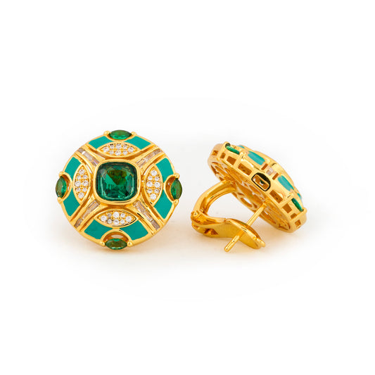 Luxurious Gold-Plated Round Stud Earrings with Emerald-Green Gemstones and Diamond Detailing | Statement Jewelry for Weddings, Parties, and Everyday Glamour