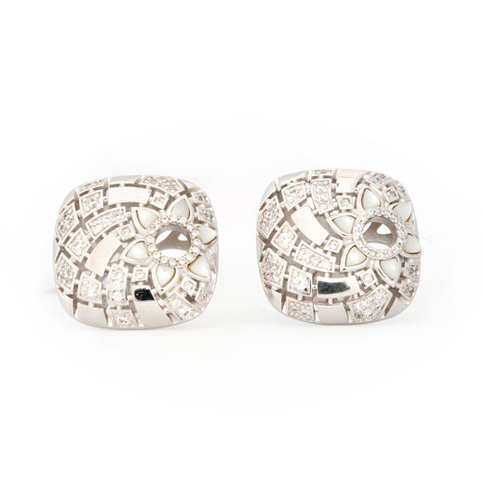 Timeless Silver-Plated Cushion Stud Earrings with Floral Diamond Accents and Intricate Geometric Detailing | Elegant Jewelry for Weddings, Parties, and Everyday Luxury