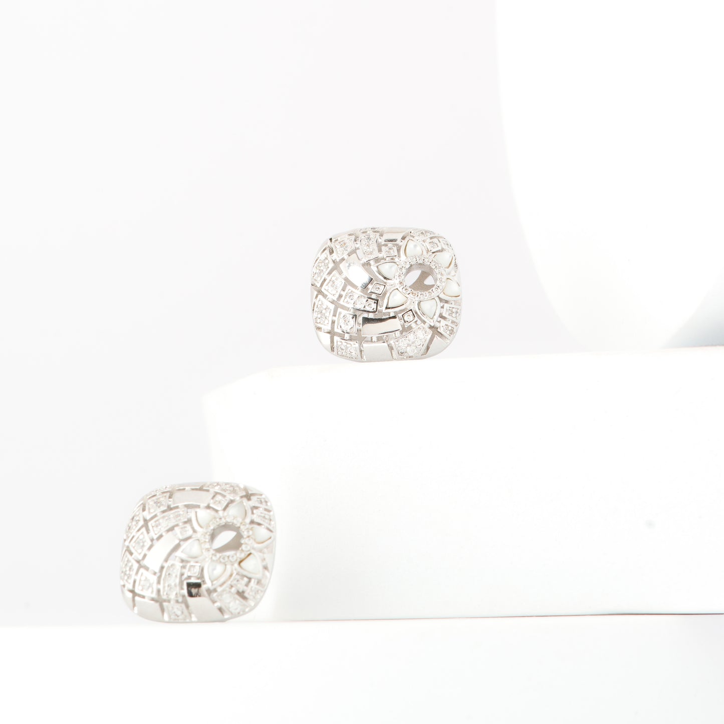 Timeless Silver-Plated Cushion Stud Earrings with Floral Diamond Accents and Intricate Geometric Detailing | Elegant Jewelry for Weddings, Parties, and Everyday Luxury