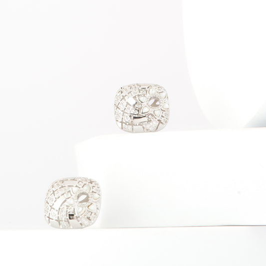 Timeless Silver-Plated Cushion Stud Earrings with Floral Diamond Accents and Intricate Geometric Detailing | Elegant Jewelry for Weddings, Parties, and Everyday Luxury