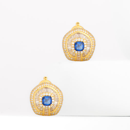 Royal Blue Sapphire and Diamond Halo Earrings in Gold | Luxurious Statement Jewelry with Radiant Stone Setting for Weddings and Special Occasions