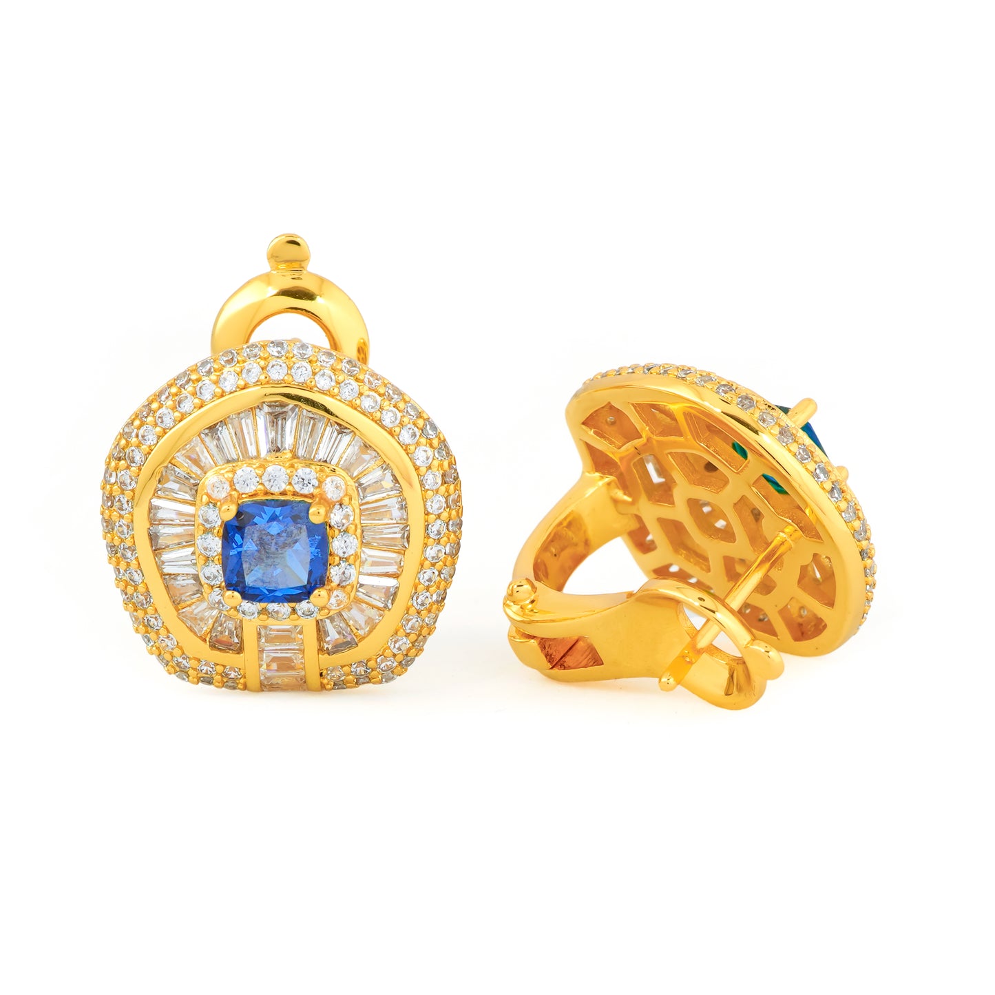 Royal Blue Sapphire and Diamond Halo Earrings in Gold | Luxurious Statement Jewelry with Radiant Stone Setting for Weddings and Special Occasions