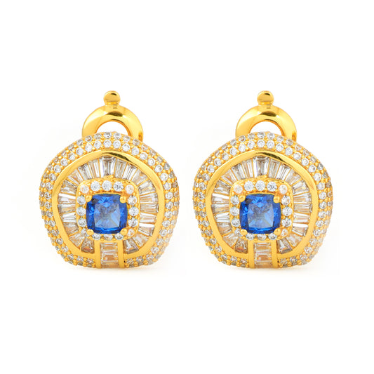 Royal Blue Sapphire and Diamond Halo Earrings in Gold | Luxurious Statement Jewelry with Radiant Stone Setting for Weddings and Special Occasions