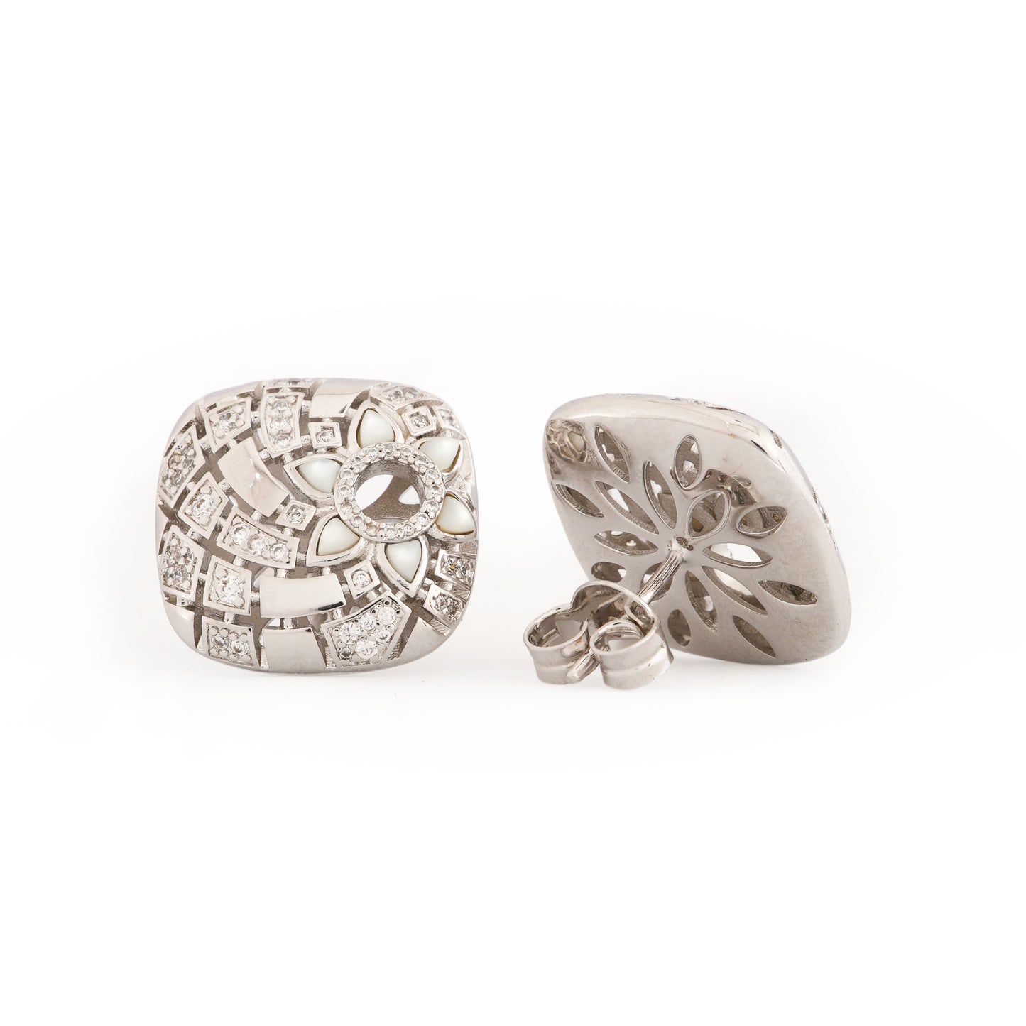 Timeless Silver-Plated Cushion Stud Earrings with Floral Diamond Accents and Intricate Geometric Detailing | Elegant Jewelry for Weddings, Parties, and Everyday Luxury