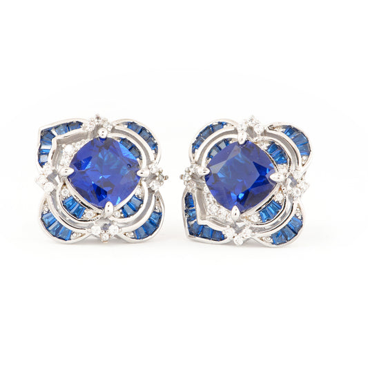 Royal Blue Sapphire Stud Earrings | Silver-Toned with Diamond Accents