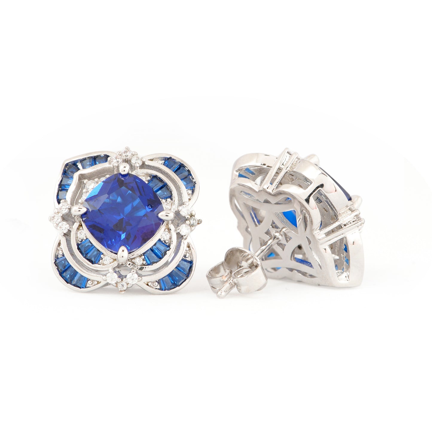 Royal Blue Sapphire Stud Earrings | Silver-Toned with Diamond Accents
