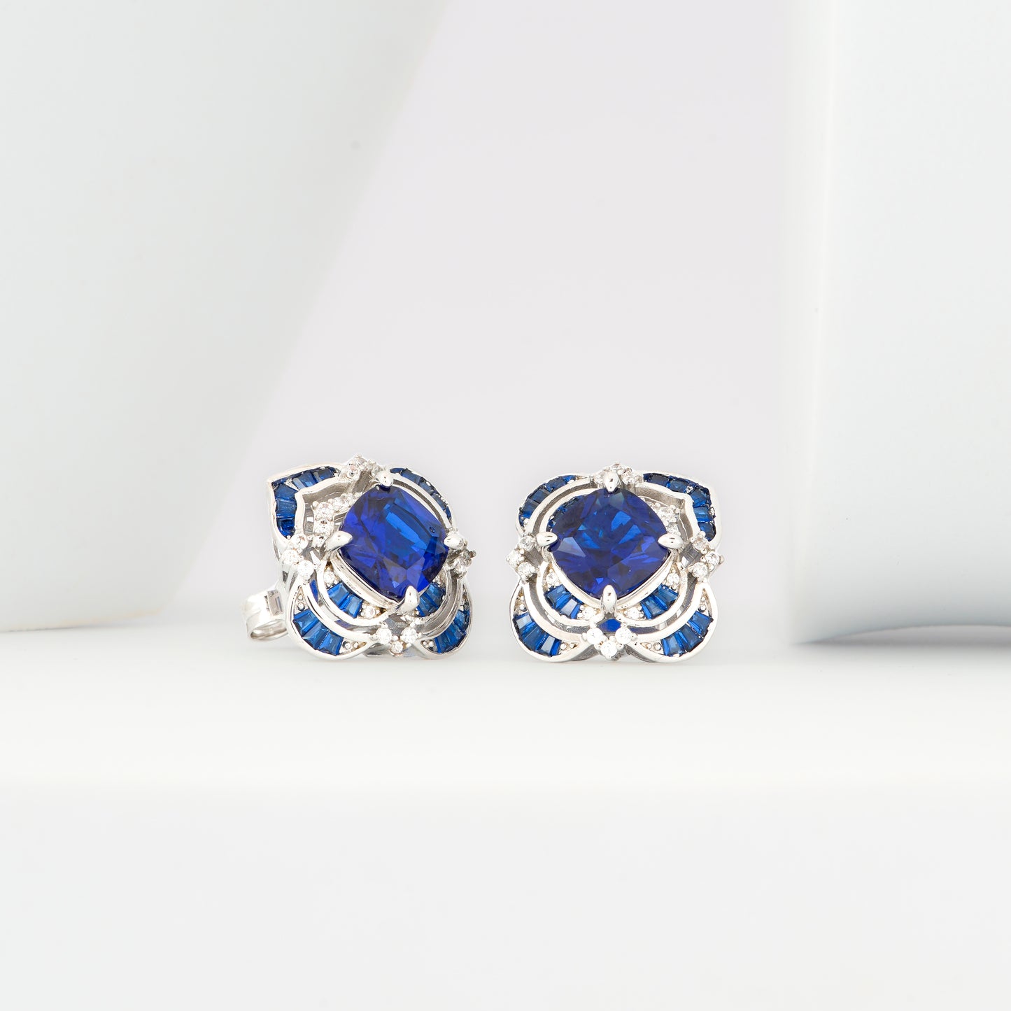 Royal Blue Sapphire Stud Earrings | Silver-Toned with Diamond Accents