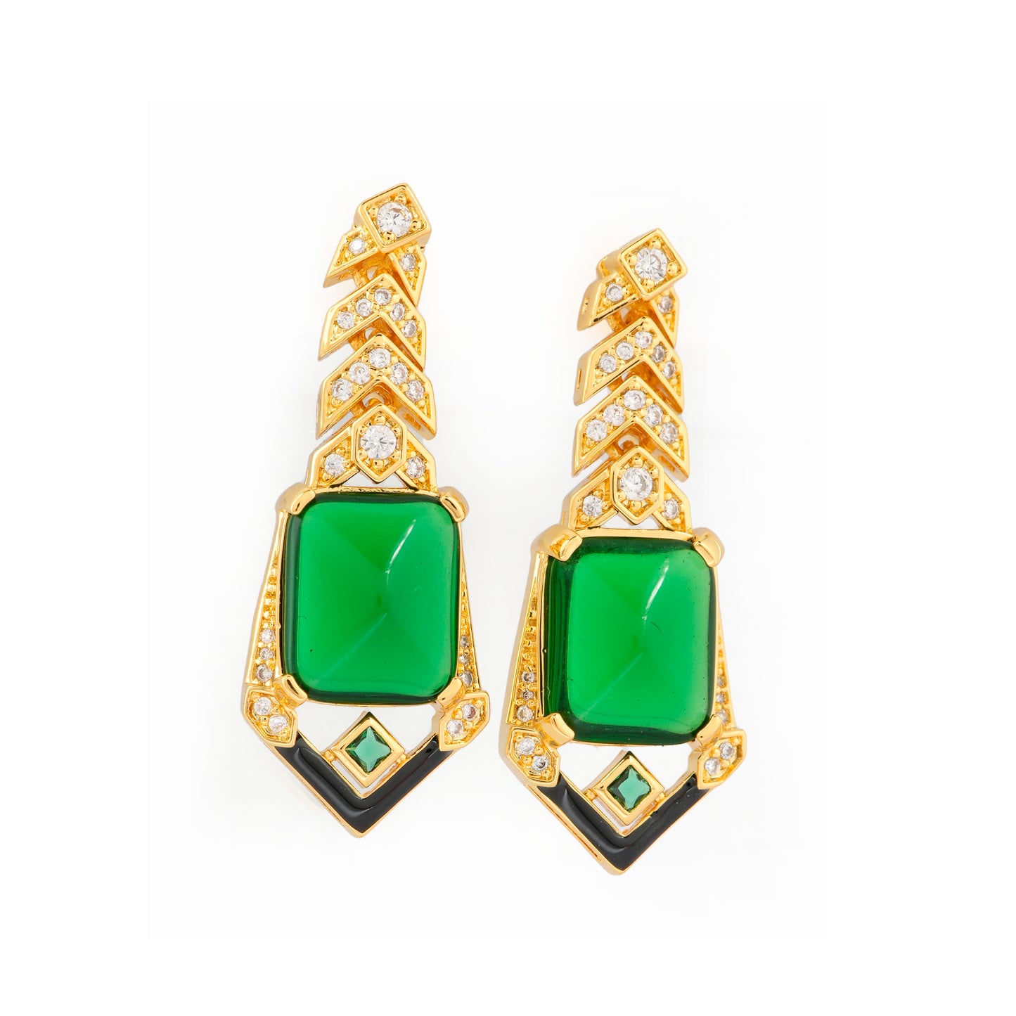 Emerald Green Geometric Drop Earrings | Gold-Toned with Diamond Accents