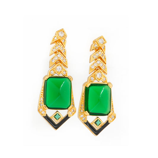 Emerald Green Geometric Drop Earrings | Gold-Toned with Diamond Accents