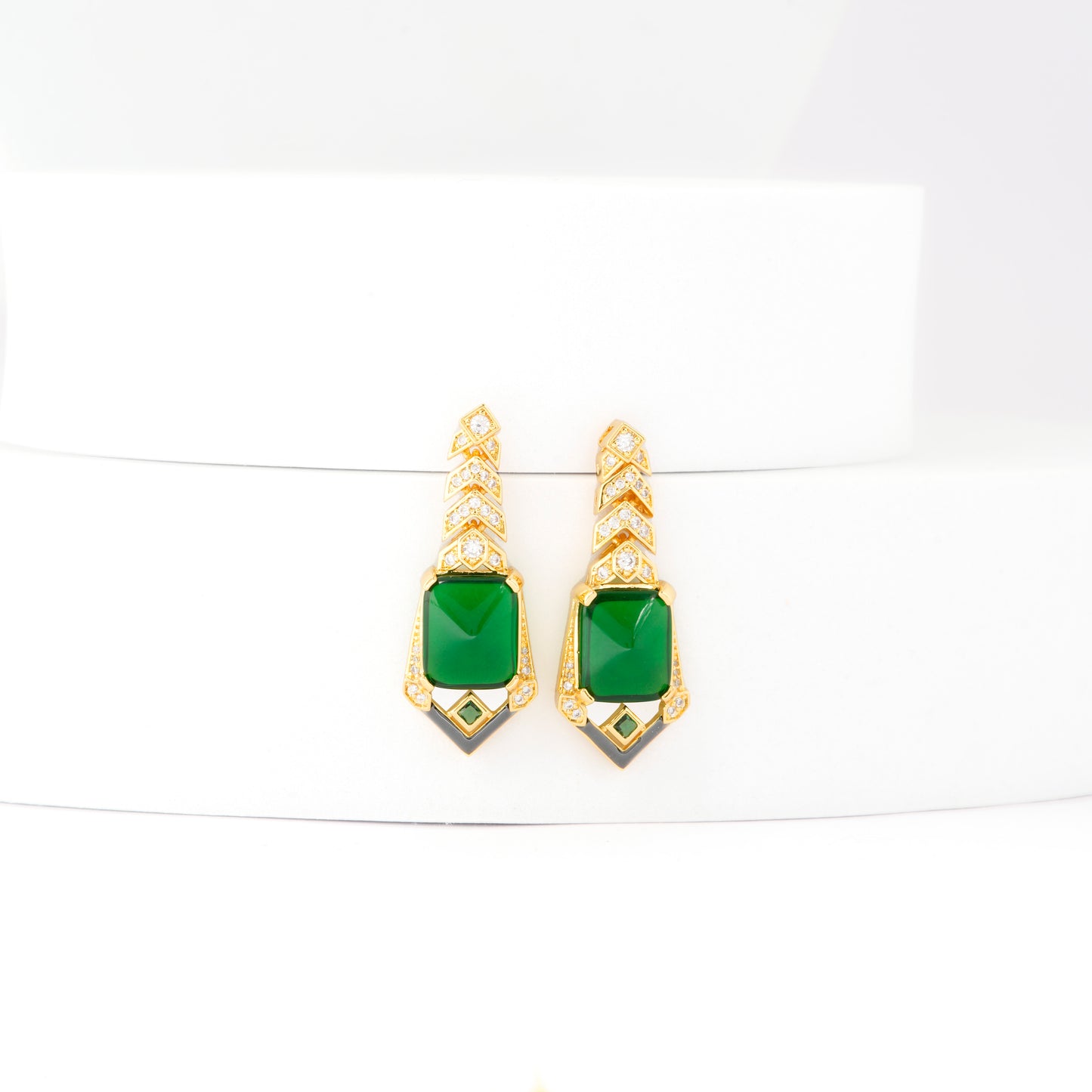 Emerald Green Geometric Drop Earrings | Gold-Toned with Diamond Accents