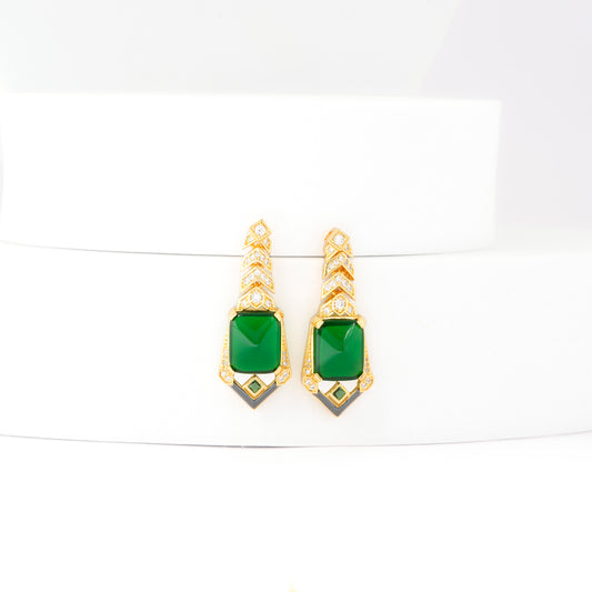 Emerald Green Geometric Drop Earrings | Gold-Toned with Diamond Accents