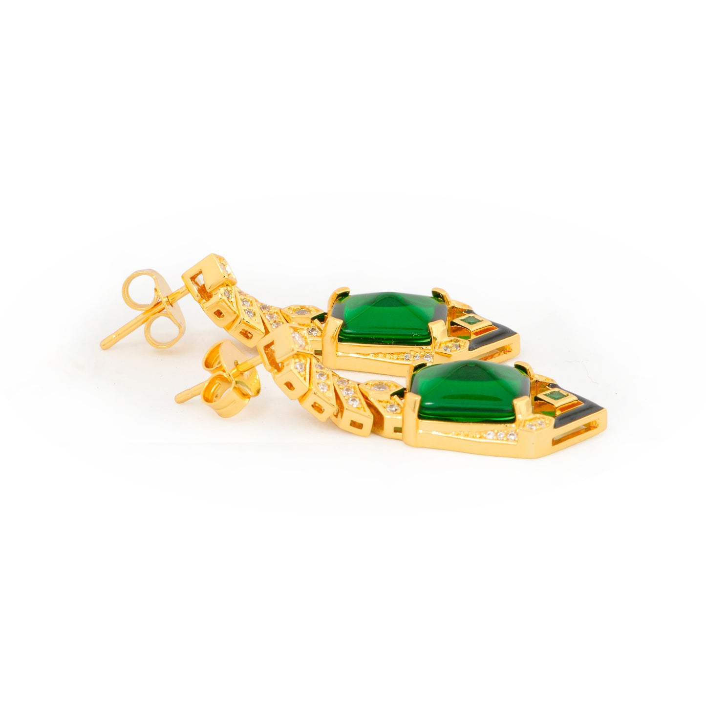 Emerald Green Geometric Drop Earrings | Gold-Toned with Diamond Accents