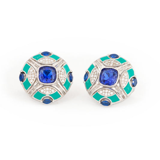 Sapphire Enamel Stud Earrings | Royal Blue and Emerald Accents with Diamond Detailing
