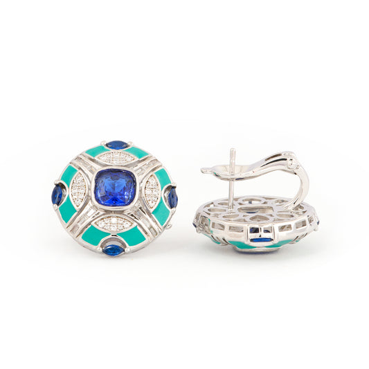 Sapphire Enamel Stud Earrings | Royal Blue and Emerald Accents with Diamond Detailing