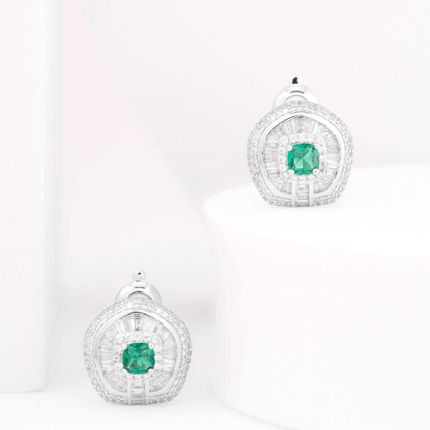 Silver-Plated Halo Earrings with Emerald Green Cushion-Cut Center Stone Surrounded by Baguette-Cut Crystals for Timeless Sophistication