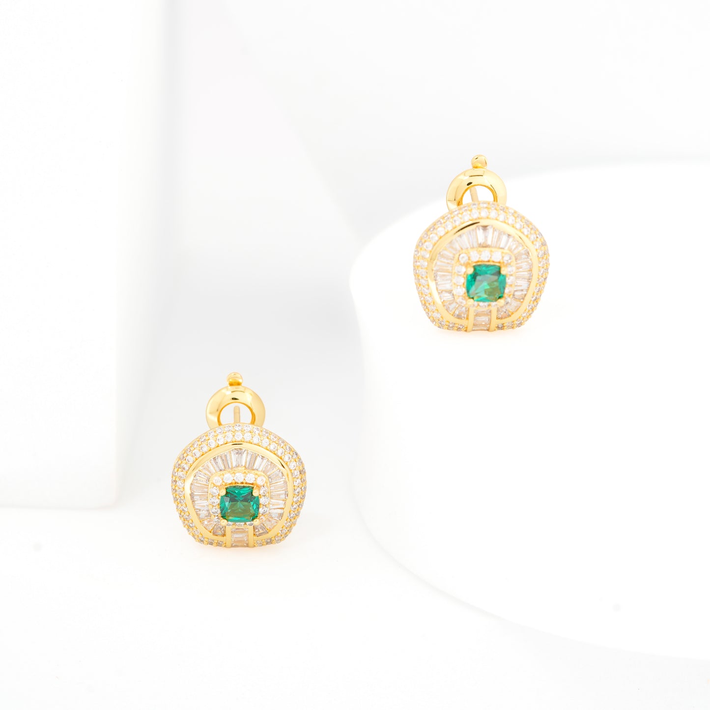Exquisite Gold-Plated Emerald Green Stone Earrings with Baguette and Round Diamond Accents | Luxury Statement Studs for Weddings, Parties, and Special Occasions