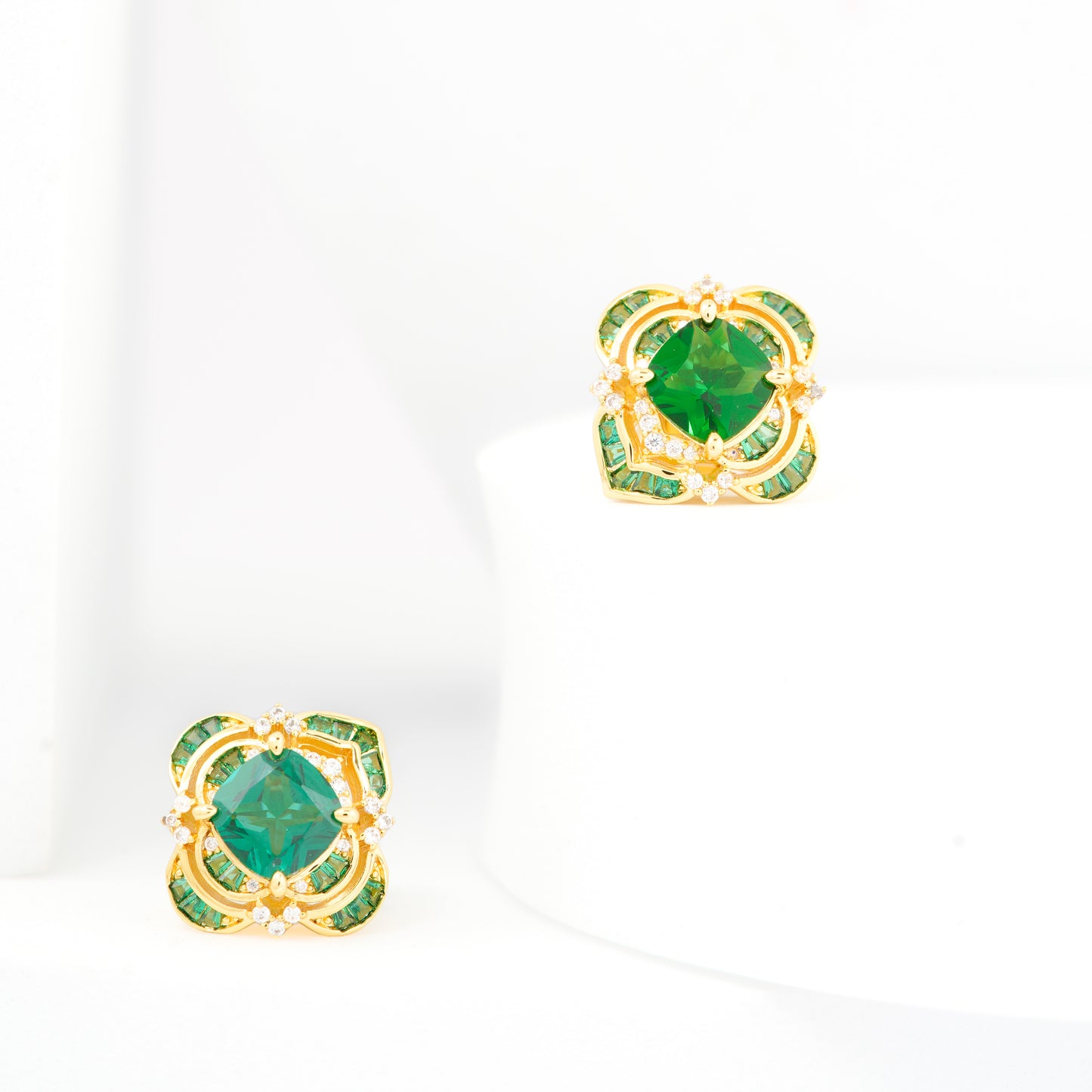 Luxury Emerald Green Cushion-Cut Stud Earrings with Gold-Plated Floral Frame and Sparkling Diamond Accents – Elegant Jewelry for Parties, Weddings, and Everyday Sophistication