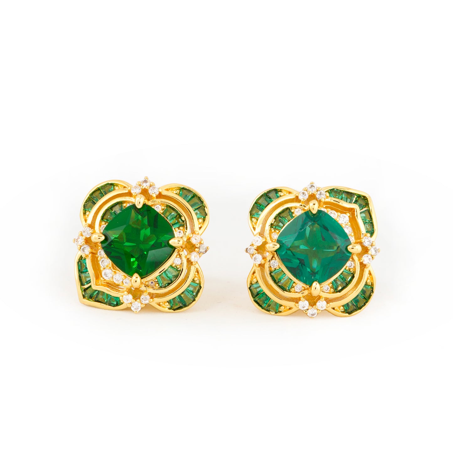 Luxury Emerald Green Cushion-Cut Stud Earrings with Gold-Plated Floral Frame and Sparkling Diamond Accents – Elegant Jewelry for Parties, Weddings, and Everyday Sophistication