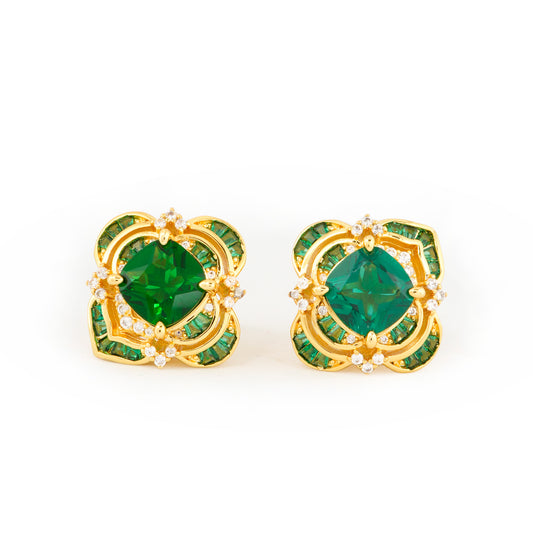 Luxury Emerald Green Cushion-Cut Stud Earrings with Gold-Plated Floral Frame and Sparkling Diamond Accents – Elegant Jewelry for Parties, Weddings, and Everyday Sophistication