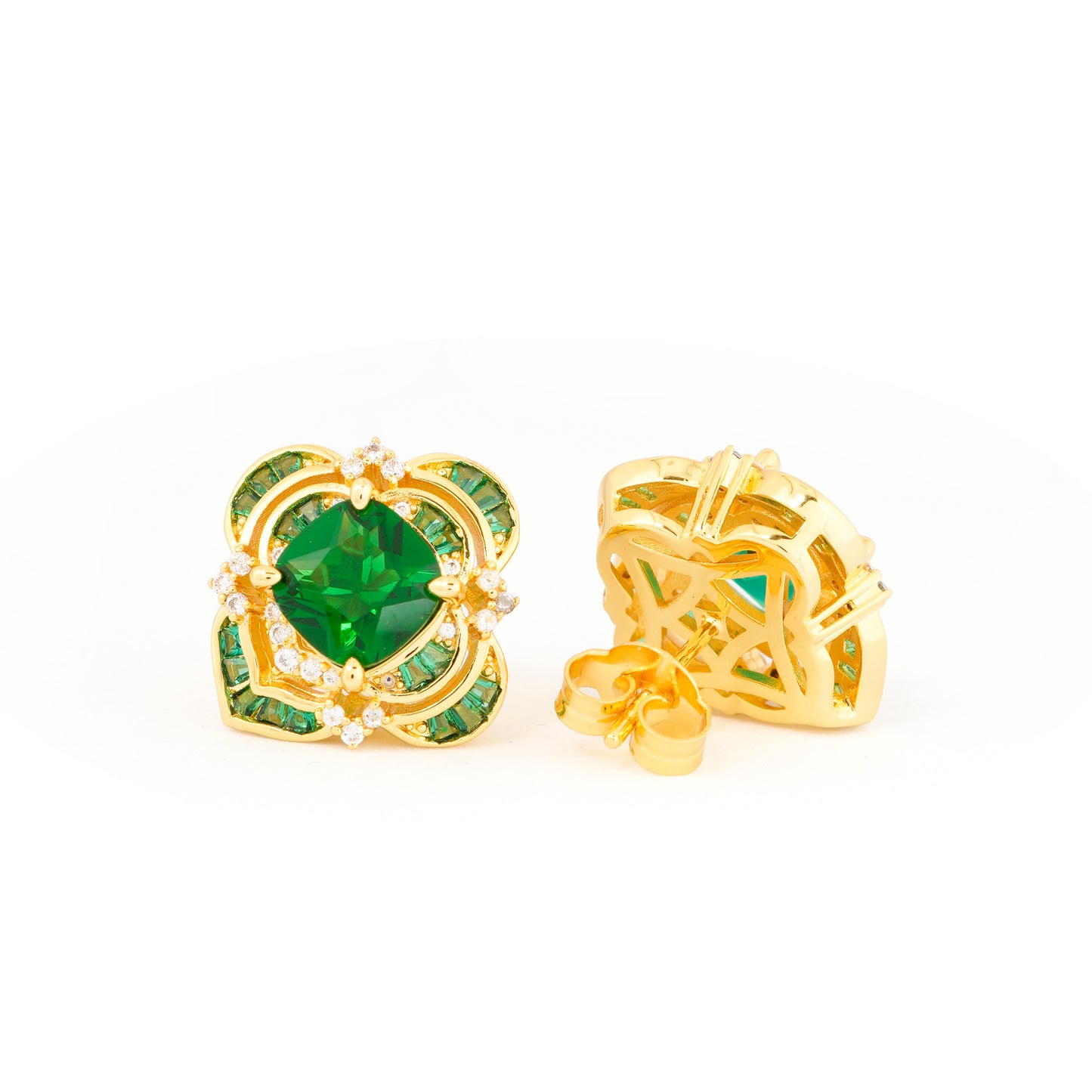 Luxury Emerald Green Cushion-Cut Stud Earrings with Gold-Plated Floral Frame and Sparkling Diamond Accents – Elegant Jewelry for Parties, Weddings, and Everyday Sophistication