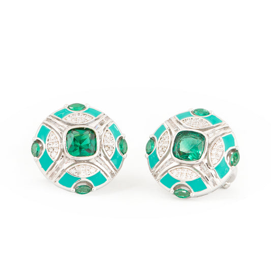 Elegant Silver-Plated Round Stud Earrings with Emerald-Green Gemstones and Diamond Detailing | Modern Luxury Jewelry for Festive, Party, and Everyday Glamour