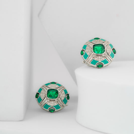 Elegant Silver-Plated Round Stud Earrings with Emerald-Green Gemstones and Diamond Detailing | Modern Luxury Jewelry for Festive, Party, and Everyday Glamour