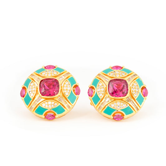 Enamel Ruby Radiance Statement Earrings in Gold with Pink & Green Accents | Bold Luxury Studs for Festive & Evening Glam