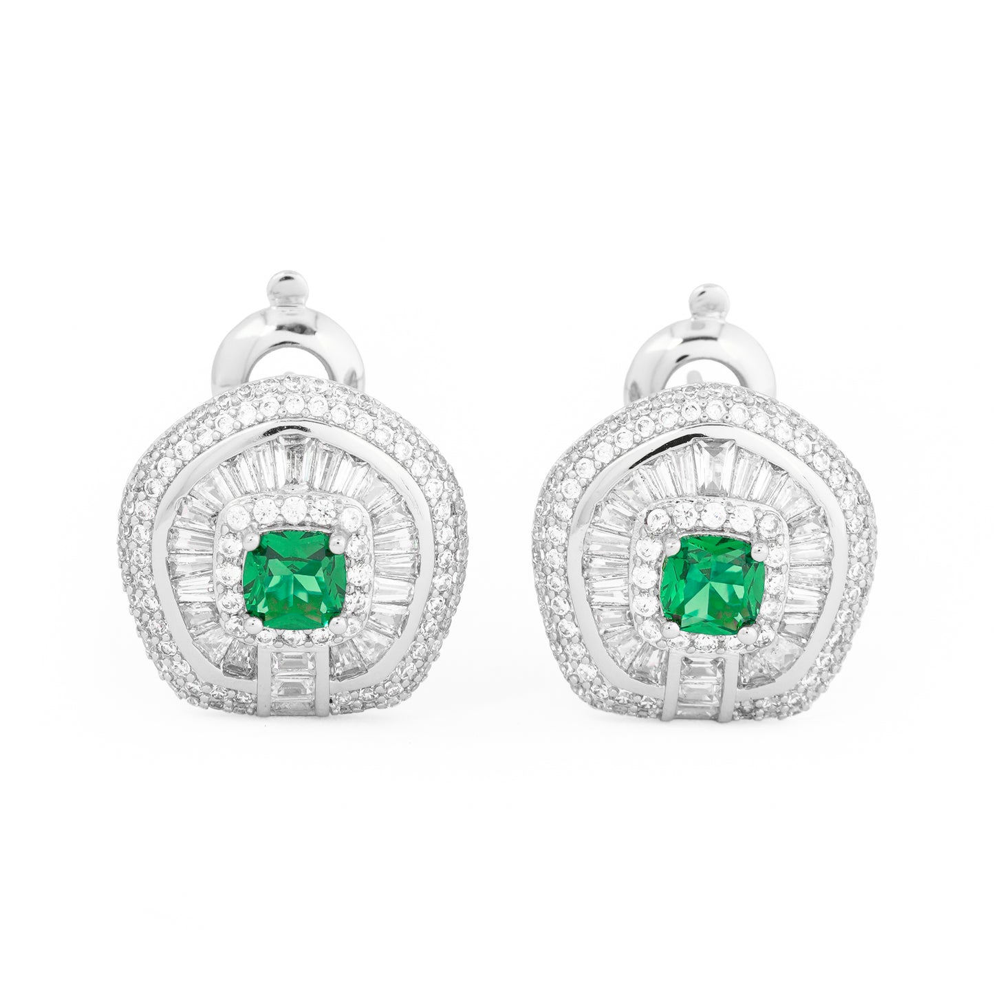 Silver-Plated Halo Earrings with Emerald Green Cushion-Cut Center Stone Surrounded by Baguette-Cut Crystals for Timeless Sophistication