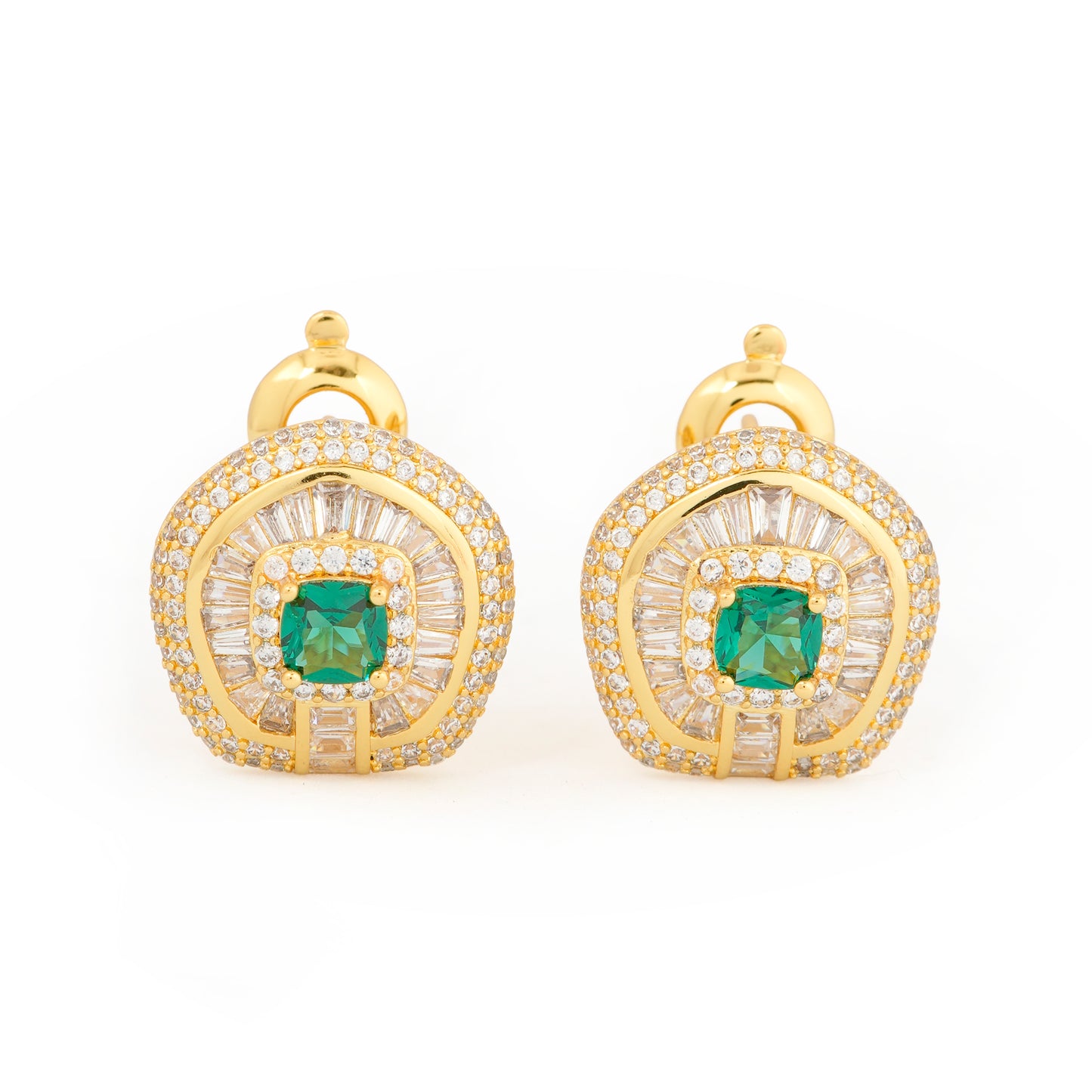 Exquisite Gold-Plated Emerald Green Stone Earrings with Baguette and Round Diamond Accents | Luxury Statement Studs for Weddings, Parties, and Special Occasions