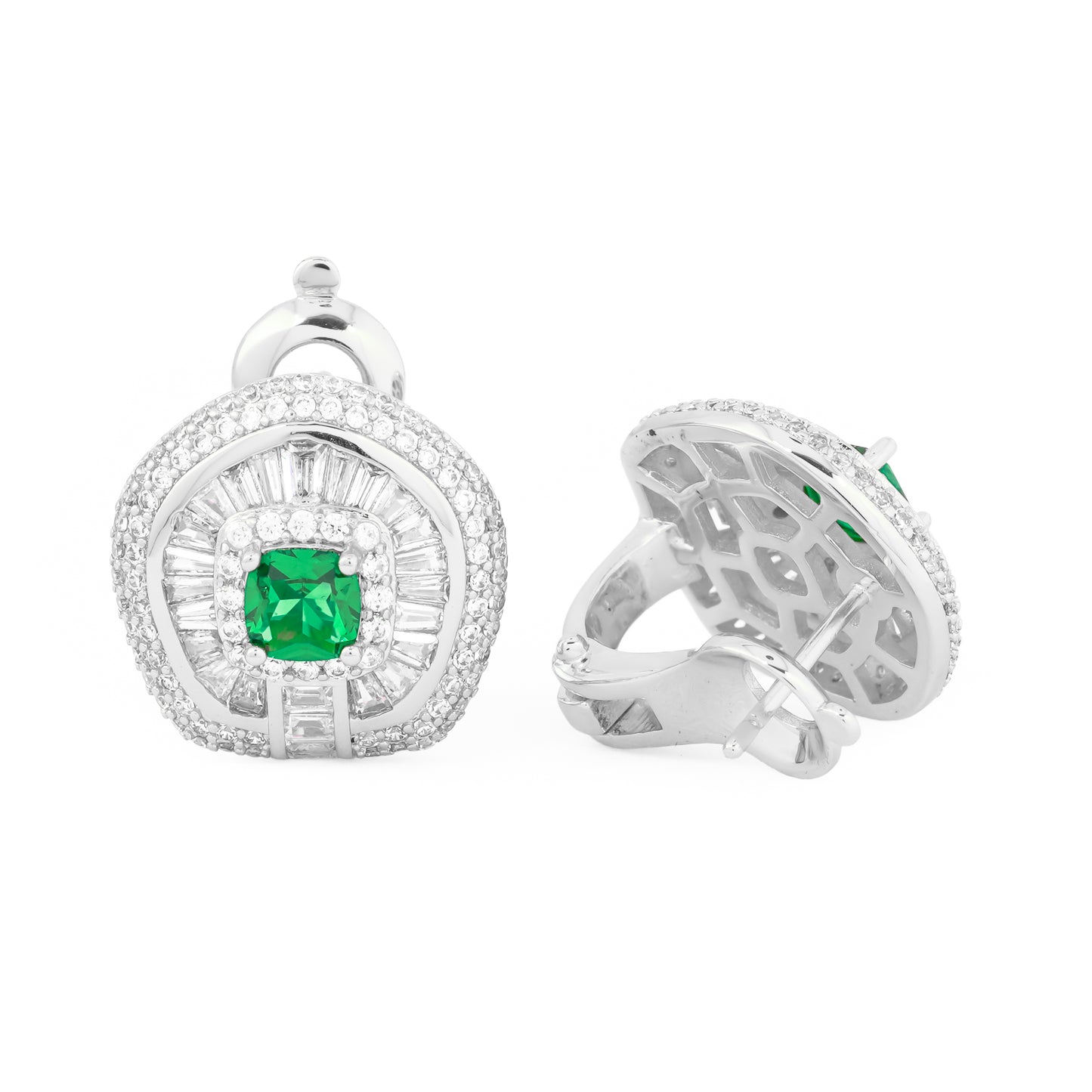 Silver-Plated Halo Earrings with Emerald Green Cushion-Cut Center Stone Surrounded by Baguette-Cut Crystals for Timeless Sophistication