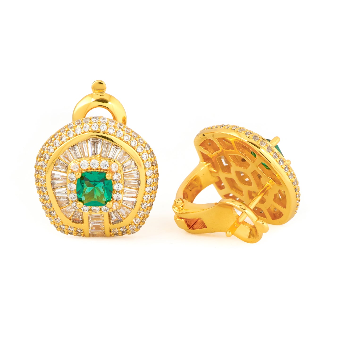 Exquisite Gold-Plated Emerald Green Stone Earrings with Baguette and Round Diamond Accents | Luxury Statement Studs for Weddings, Parties, and Special Occasions