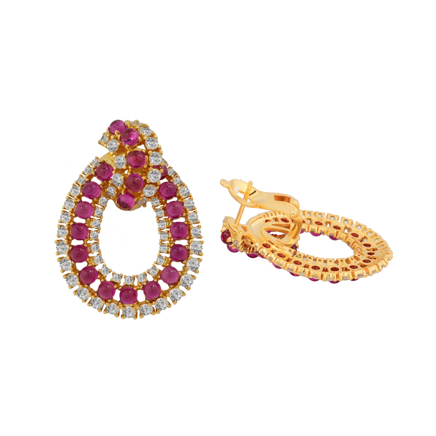 Luxurious Gold-Plated Ruby and Diamond-Inspired Loop Earrings | Statement Jewelry for Weddings, Parties, and Special Celebrations