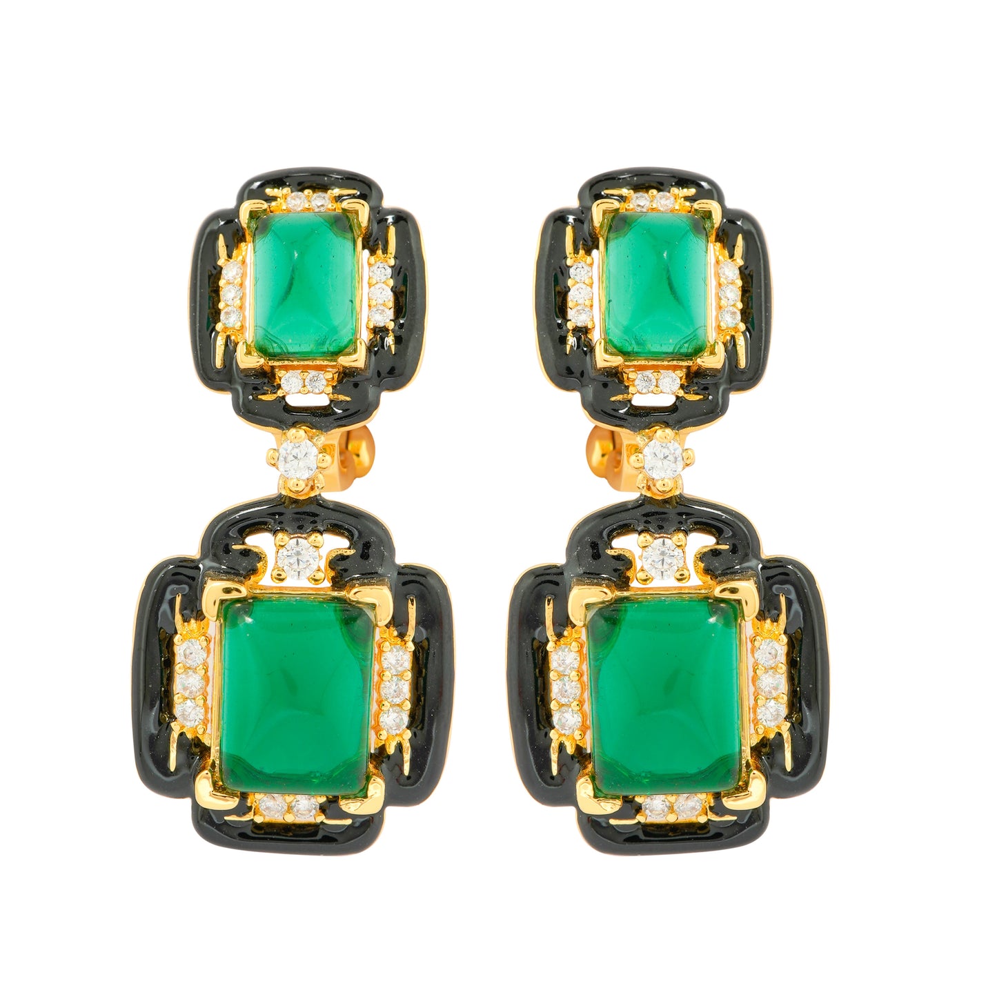 Emerald Green Drop Earrings with Black Enamel Accents and Diamond Highlights in Gold Finish | Vintage Art Deco Inspired Luxury