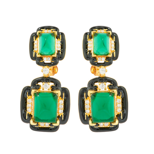 Emerald Green Drop Earrings with Black Enamel Accents and Diamond Highlights in Gold Finish | Vintage Art Deco Inspired Luxury