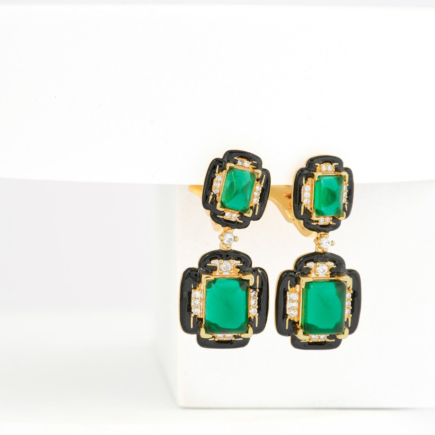 Emerald Green Drop Earrings with Black Enamel Accents and Diamond Highlights in Gold Finish | Vintage Art Deco Inspired Luxury