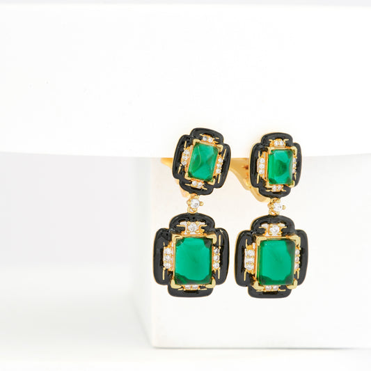Emerald Green Drop Earrings with Black Enamel Accents and Diamond Highlights in Gold Finish | Vintage Art Deco Inspired Luxury