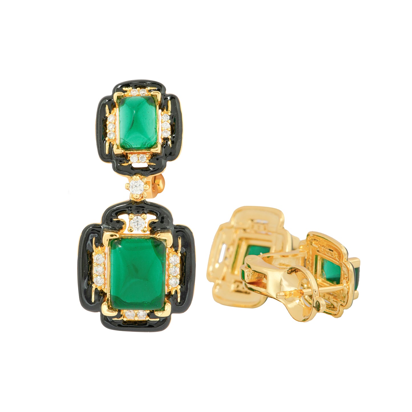 Emerald Green Drop Earrings with Black Enamel Accents and Diamond Highlights in Gold Finish | Vintage Art Deco Inspired Luxury