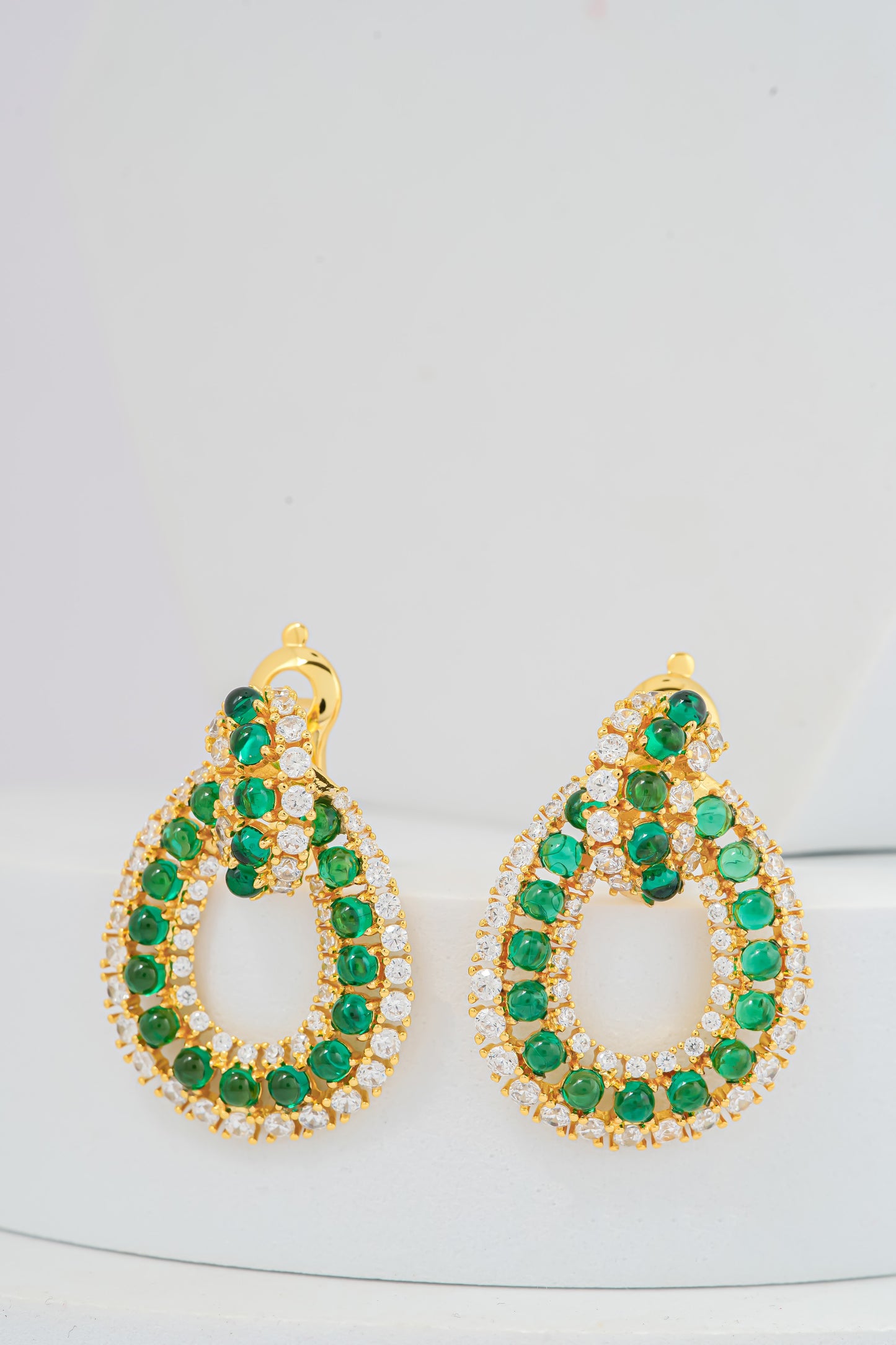 Luxurious Emerald Green and White Diamond-Inspired Double Loop Earrings in Gold Finish – Statement Designer Jewelry for Weddings, Parties, and Festive Occasions