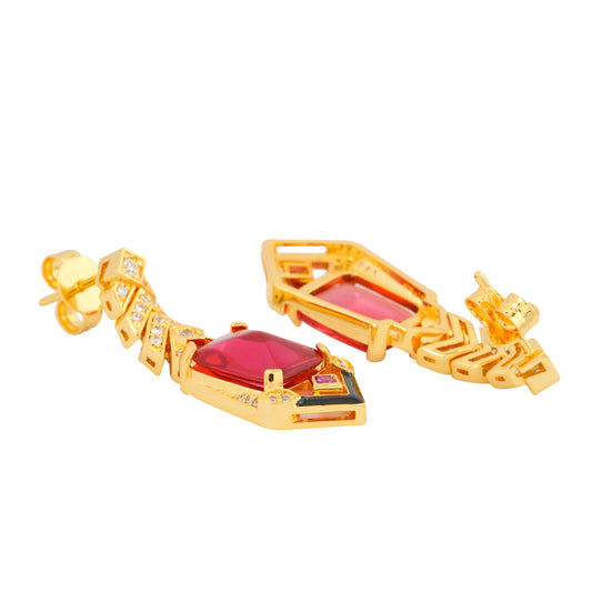 Contemporary Gold-Plated Geometric Drop Earrings with Pink Rectangular Stone and Diamond-Like Chevron Accents for Bold Elegance