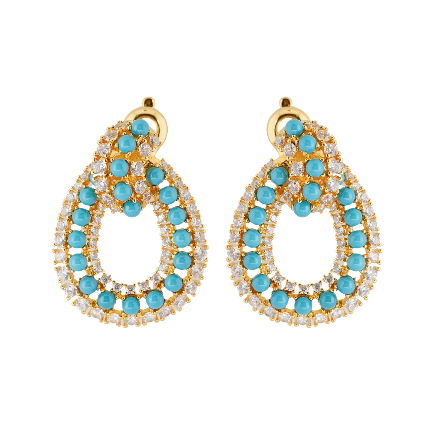 Turquoise and Diamond-Accented Gold Teardrop Earrings – Elegant Statement Jewelry for Festive and Evening Glamour
