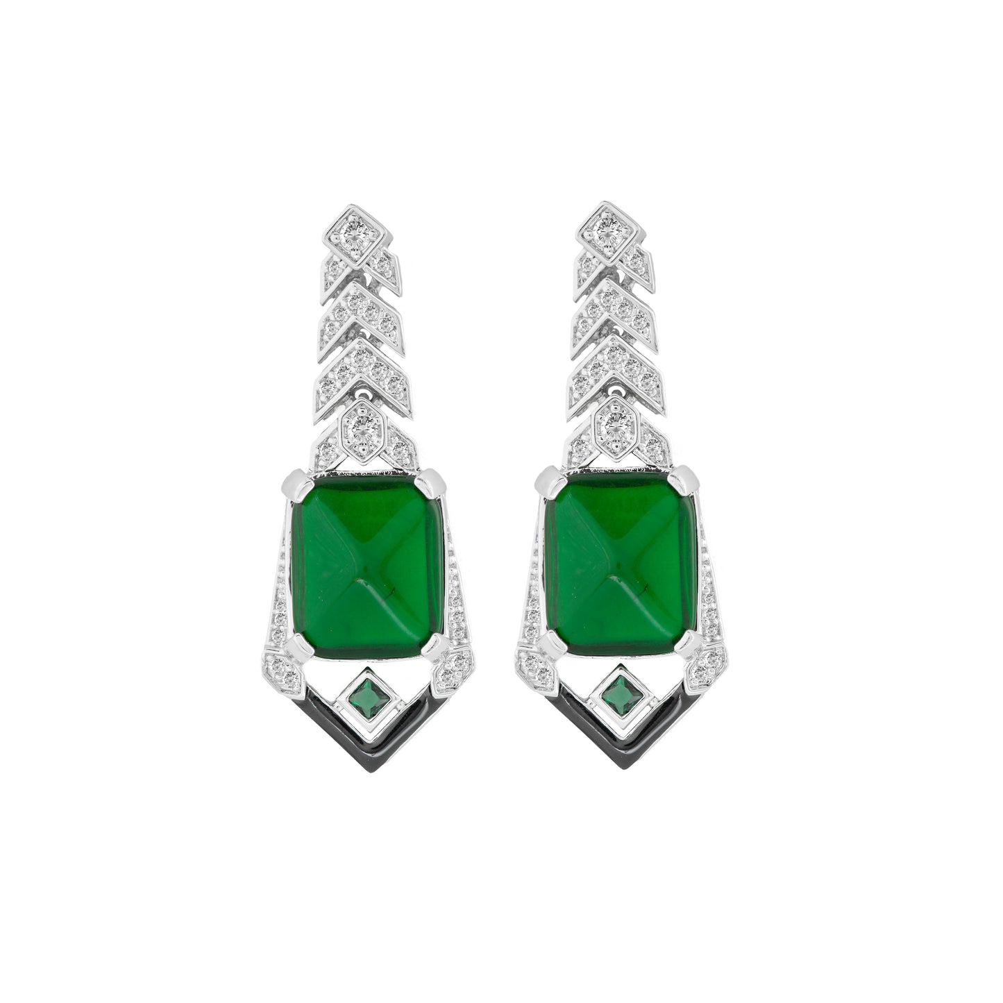 Contemporary Silver-Plated Geometric Drop Earrings with Emerald Green Rectangular Stone and Diamond-Like Accents for Modern Glamour