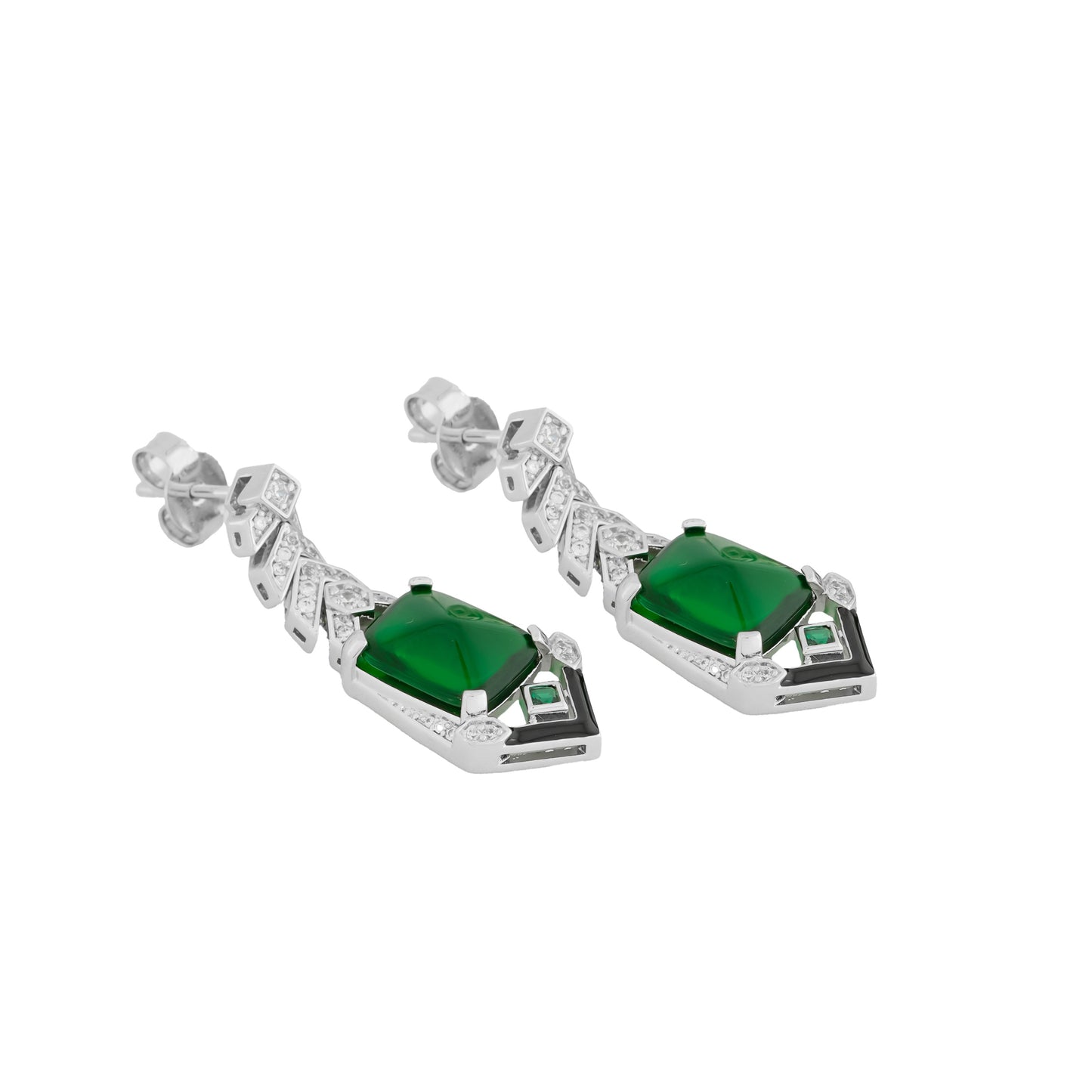 Contemporary Silver-Plated Geometric Drop Earrings with Emerald Green Rectangular Stone and Diamond-Like Accents for Modern Glamour