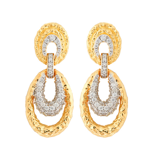 Gold and Diamond Double Hoop Drop Earrings with Textured Finish – Timeless Luxury Statement Jewelry for Elegant Evenings