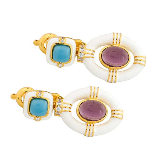 Gold-Plated Dual Gemstone Drop Earrings with Turquoise and Amethyst Accents in White Enamel Frame | Statement Jewelry for Elegant Occasions