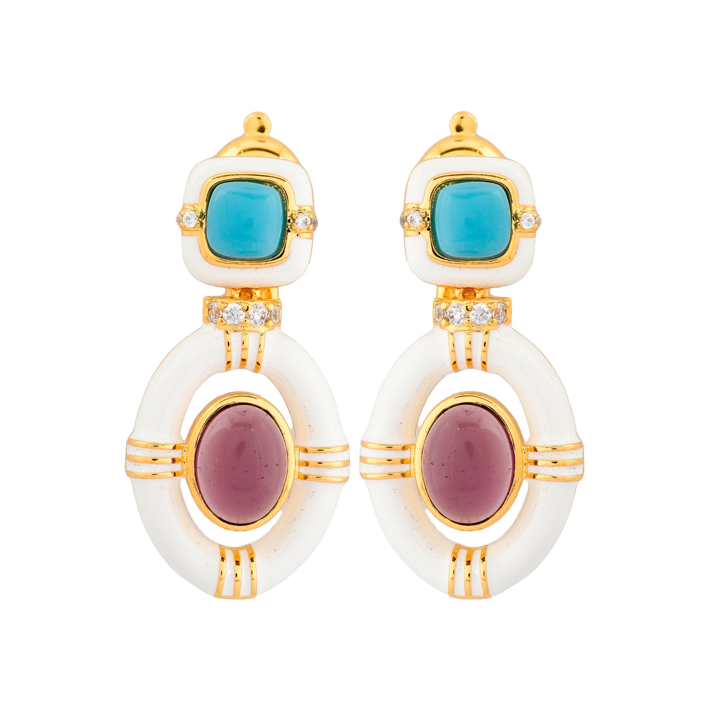Gold-Plated Dual Gemstone Drop Earrings with Turquoise and Amethyst Accents in White Enamel Frame | Statement Jewelry for Elegant Occasions