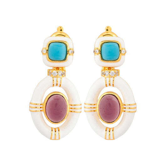Gold-Plated Dual Gemstone Drop Earrings with Turquoise and Amethyst Accents in White Enamel Frame | Statement Jewelry for Elegant Occasions